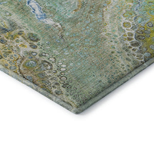HomeRoots 8' Teal Gold and Gray Abstract Washable Round Rug - UV Resistant, Stain-Resistant, Durable Design! 650437