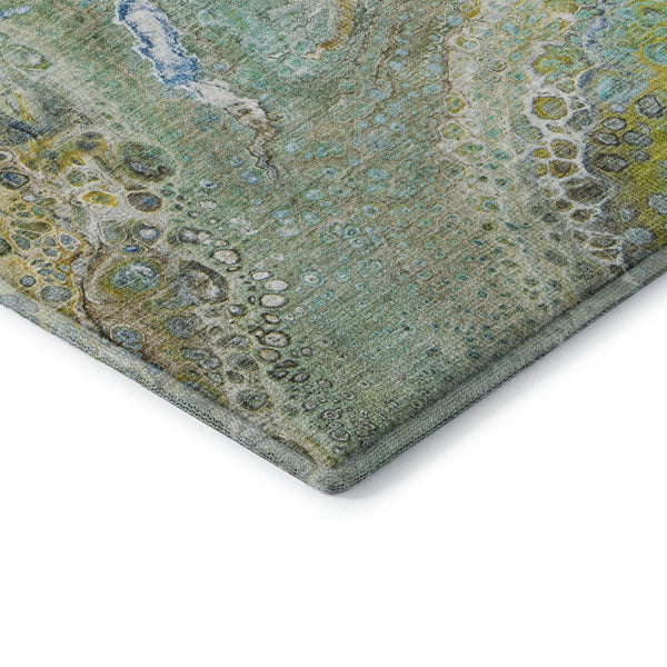 HomeRoots 8' Teal Gold and Gray Abstract Washable Round Rug - UV Resistant, Stain-Resistant, Durable Design! 650437