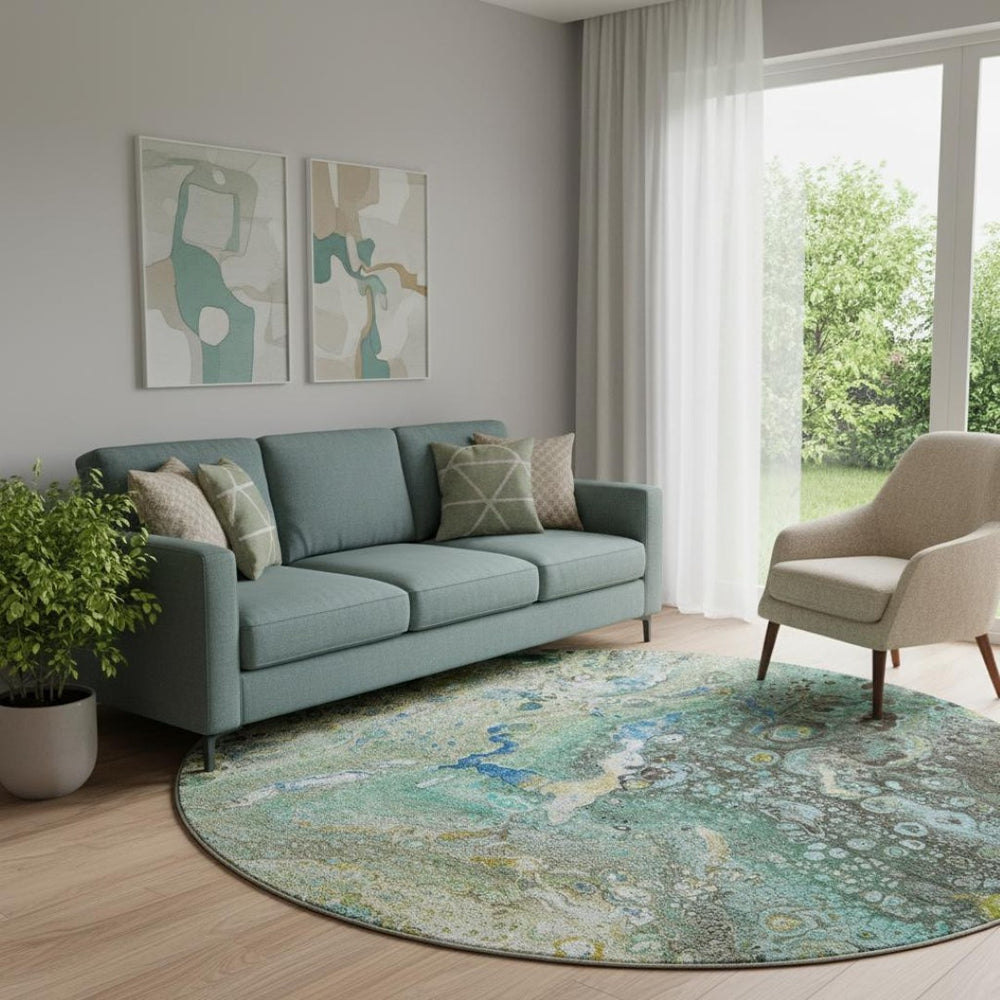 HomeRoots 8' Teal Gold and Gray Abstract Washable Round Rug - UV Resistant, Stain-Resistant, Durable Design! 650437