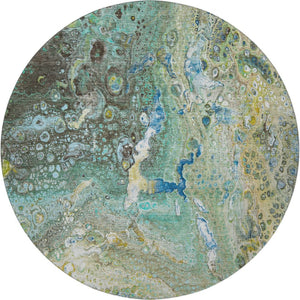 HomeRoots 8' Teal Gold and Gray Abstract Washable Round Rug - UV Resistant, Stain-Resistant, Durable Design! 650437