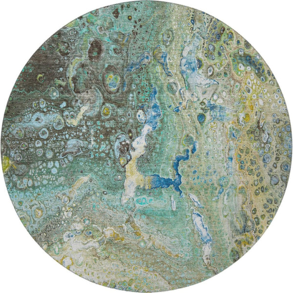 HomeRoots 8' Teal Gold and Gray Abstract Washable Round Rug - UV Resistant, Stain-Resistant, Durable Design! 650437