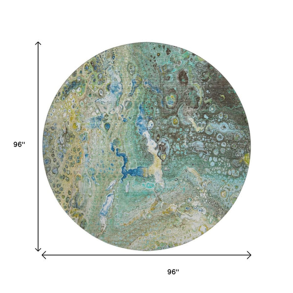 HomeRoots 8' Teal Gold and Gray Abstract Washable Round Rug - UV Resistant, Stain-Resistant, Durable Design! 650437