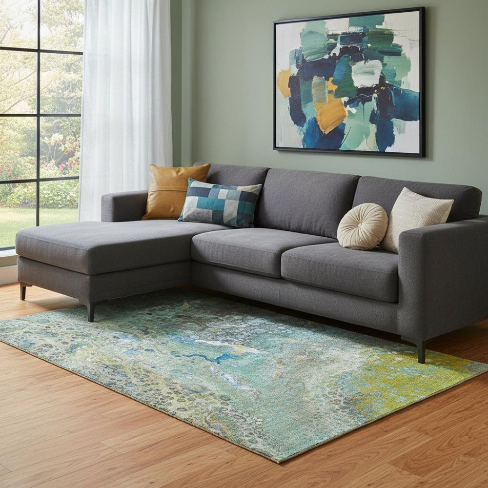 HomeRoots 8' X 10' Teal Gold Gray Abstract Washable Area Rug with UV Protection for Modern Homes & Durability 650438