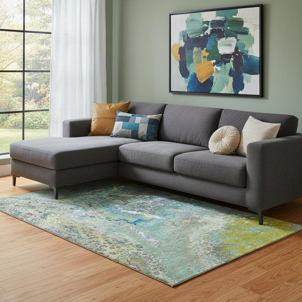 HomeRoots 8' X 10' Teal Gold Gray Abstract Washable Area Rug with UV Protection for Modern Homes & Durability 650438