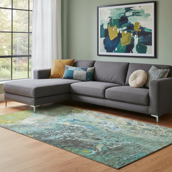 HomeRoots 9' X 12' Teal Gold Gray Abstract Area Rug - Washable, UV Protection, Durable for Homes with Kids & Pets 650439