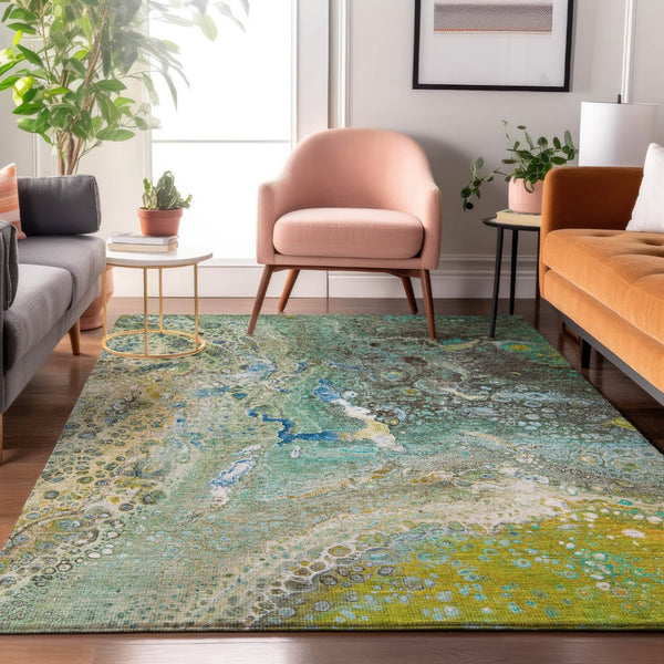 HomeRoots 10' Teal, Gold & Gray Abstract Washable Area Rug – Durable, Stain-Resistant, UV Protected Design 650440