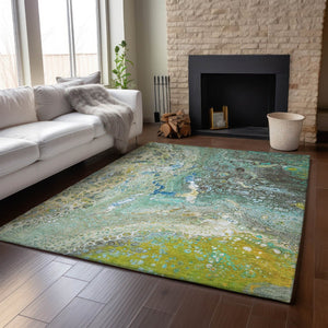 HomeRoots 10' Teal, Gold & Gray Abstract Washable Area Rug – Durable, Stain-Resistant, UV Protected Design 650440