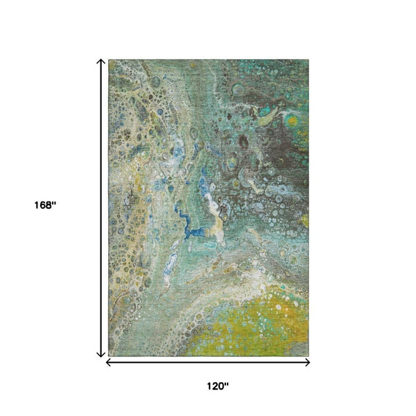 HomeRoots 10' Teal, Gold & Gray Abstract Washable Area Rug – Durable, Stain-Resistant, UV Protected Design 650440