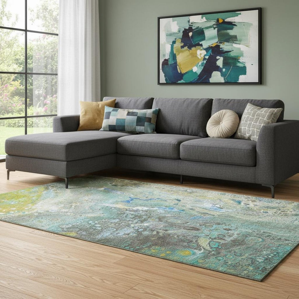 HomeRoots 10' Teal, Gold & Gray Abstract Washable Area Rug – Durable, Stain-Resistant, UV Protected Design 650440