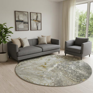 HomeRoots 8' Round Washable Rug in Taupe, Ivory & Gold – Stylish, Stain-Resistant, UV Protected for Any Space! 650443
