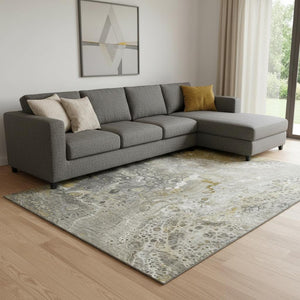 HomeRoots 8' X 10' Washable Area Rug in Taupe, Ivory & Gold - Modern Abstract Design with UV Protection & Durability 650444