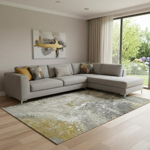 HomeRoots 9' X 12' Taupe Ivory Gold Abstract Washable Rug - Durable, Stain-Resistant, UV Protected Design 650445