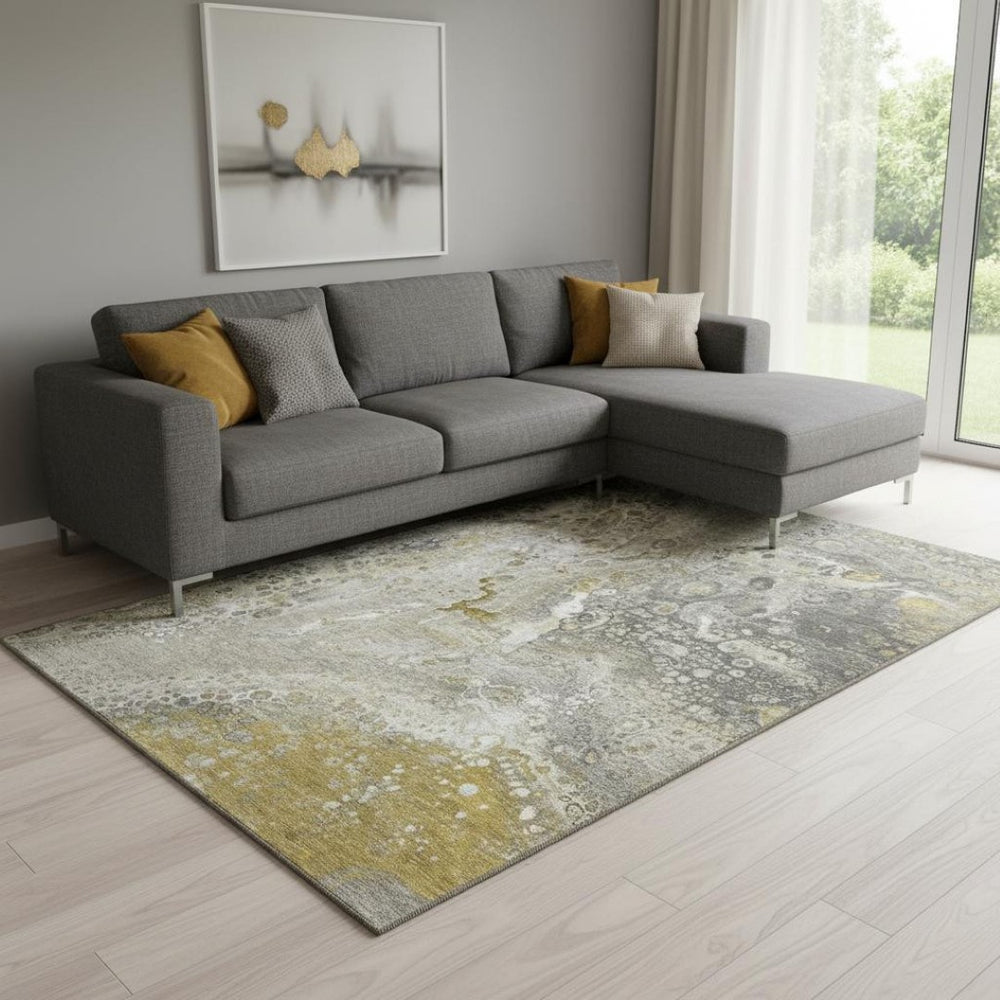 HomeRoots 10' Abstract Washable Area Rug in Taupe Ivory & Gold – UV Protected, Stylish, Durable for Homes 650446