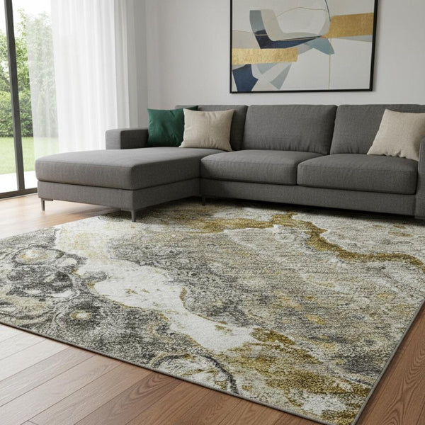 HomeRoots 10' Abstract Washable Area Rug in Taupe Ivory & Gold – UV Protected, Stylish, Durable for Homes 650446