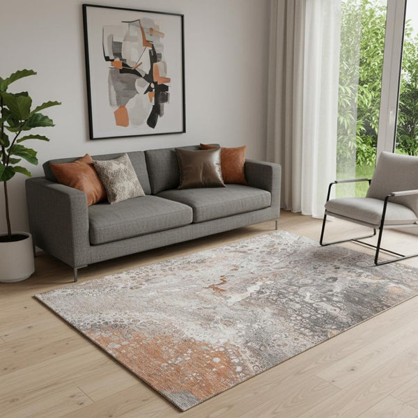 HomeRoots 5' X 8' Abstract Terra Cotta Ivory Gray Washable Area Rug with UV Protection for Modern Homes 650448