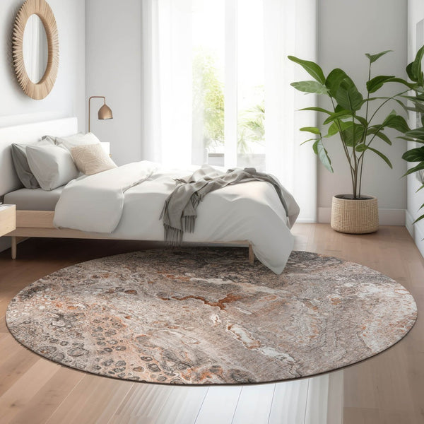 HomeRoots 8' Terra Cotta Round Rug - Stylish Abstract Design, Washable, UV Protected, Stain Resistant for Any Room 650449