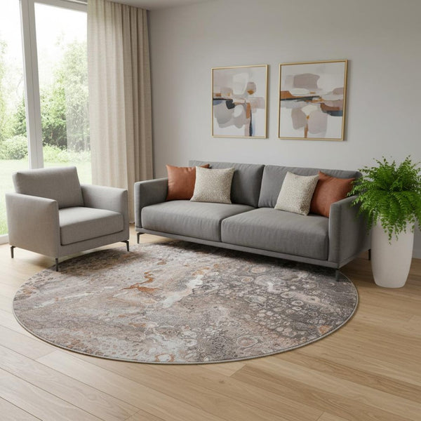 HomeRoots 8' Terra Cotta Round Rug - Stylish Abstract Design, Washable, UV Protected, Stain Resistant for Any Room 650449
