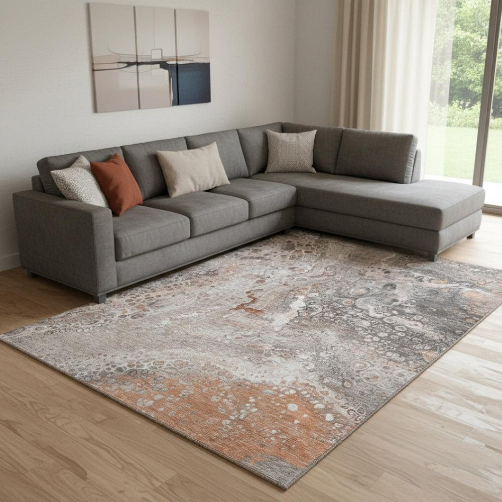 HomeRoots 9' X 12' Durable Terra Cotta Ivory and Gray Abstract Area Rug with UV Protection for Busy Homes 650451