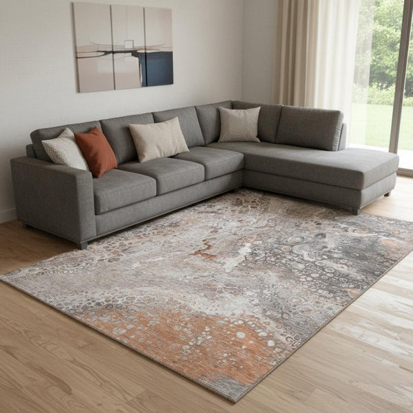 HomeRoots 9' X 12' Durable Terra Cotta Ivory and Gray Abstract Area Rug with UV Protection for Busy Homes 650451