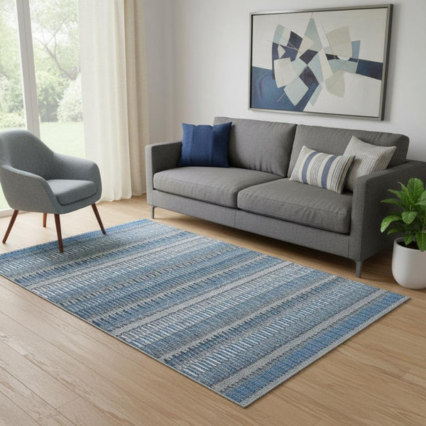 HomeRoots 5' Blue and Ivory Striped Washable Area Rug - UV Protected, Stain Resistant, Ideal for High-Traffic Spaces 650460