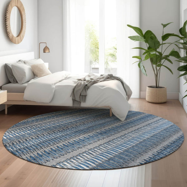 HomeRoots 8' Blue And Ivory Striped Round Rug - Washable, UV Protected, Stain Resistant for Homes with Kids & Pets 650461