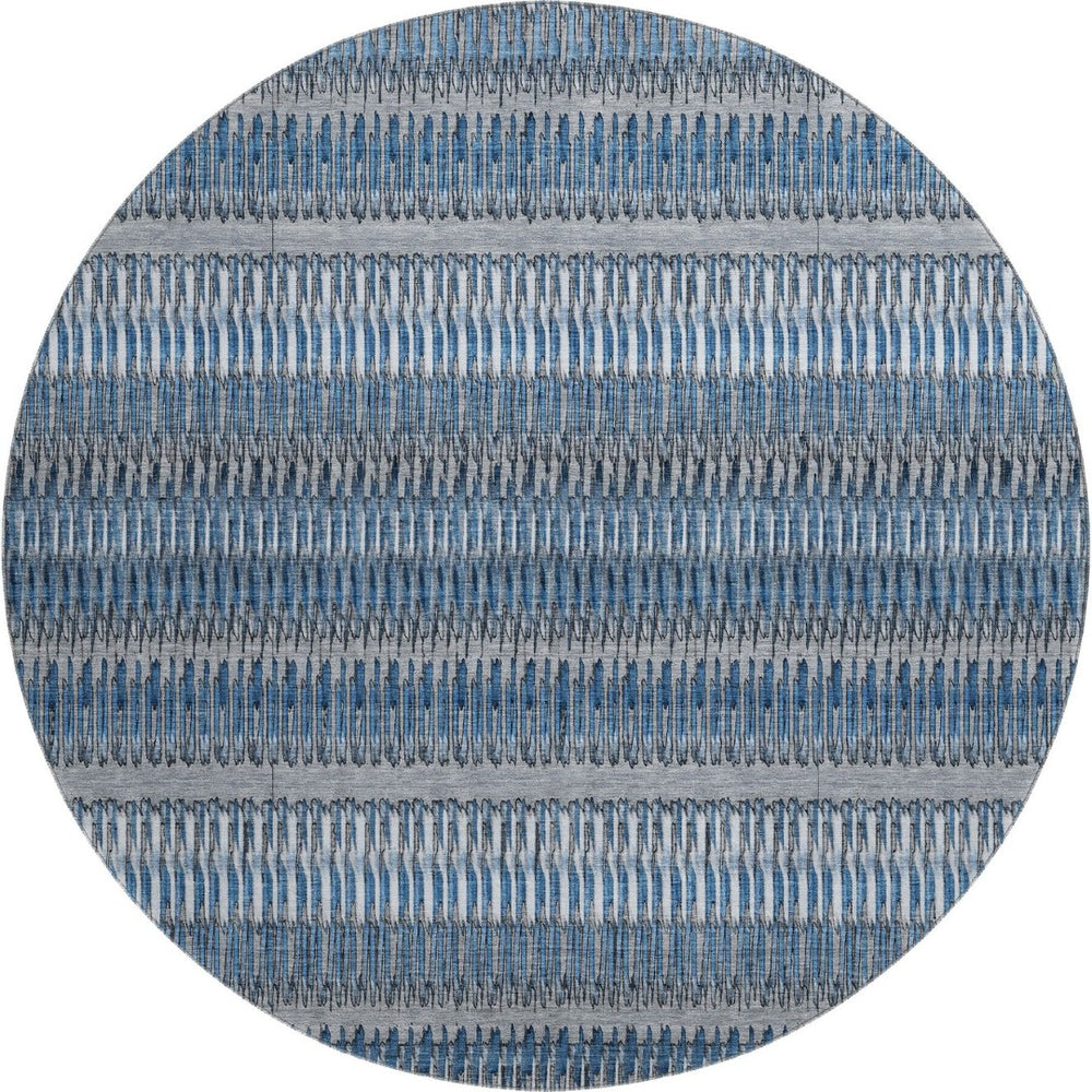 HomeRoots 8' Blue And Ivory Striped Round Rug - Washable, UV Protected, Stain Resistant for Homes with Kids & Pets 650461