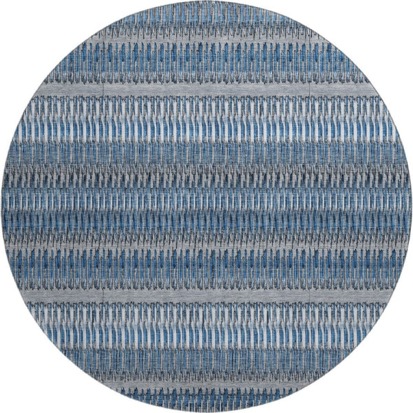 HomeRoots 8' Blue And Ivory Striped Round Rug - Washable, UV Protected, Stain Resistant for Homes with Kids & Pets 650461