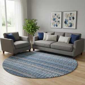 HomeRoots 8' Blue And Ivory Striped Round Rug - Washable, UV Protected, Stain Resistant for Homes with Kids & Pets 650461