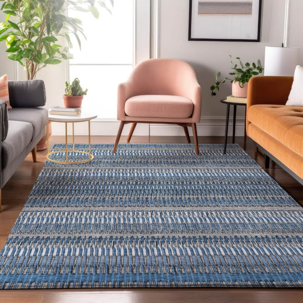 HomeRoots 9' X 12' Blue And Ivory Striped Area Rug - Durable, Washable, UV-Protected for High-Traffic Spaces 650463