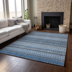 HomeRoots 9' X 12' Blue And Ivory Striped Area Rug - Durable, Washable, UV-Protected for High-Traffic Spaces 650463