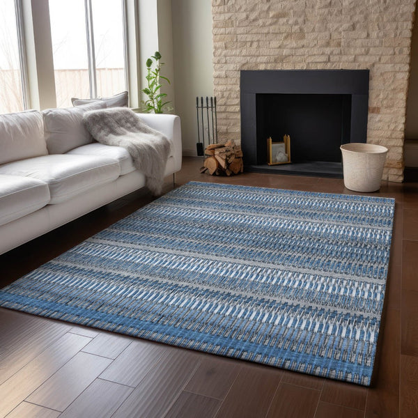 HomeRoots 9' X 12' Blue And Ivory Striped Area Rug - Durable, Washable, UV-Protected for High-Traffic Spaces 650463