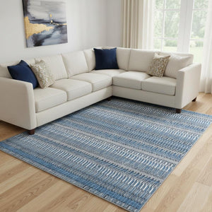 HomeRoots 9' X 12' Blue And Ivory Striped Area Rug - Durable, Washable, UV-Protected for High-Traffic Spaces 650463
