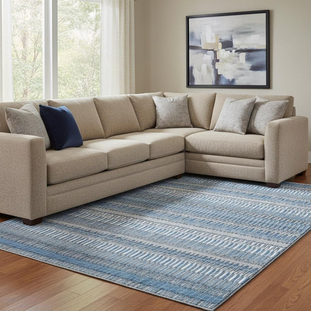 HomeRoots 10' X 14' Coastal Blue and Ivory Striped Washable Area Rug with UV Protection for Stylish Spaces 650464