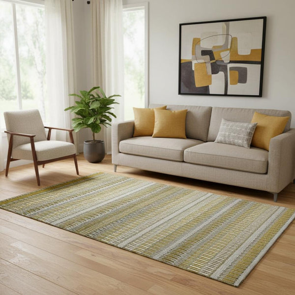 HomeRoots 5' X 8' Striped Area Rug in Coffee, Ivory, and Gray – Washable, UV Protected, Kid & Pet Friendly! 650466