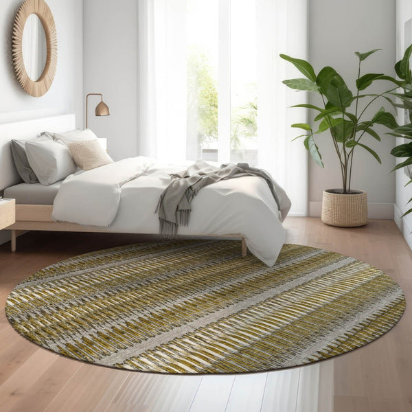 HomeRoots 8' Striped Washable Round Rug in Coffee, Ivory & Gray - UV Protected, Perfect for Homes & Patios 650467