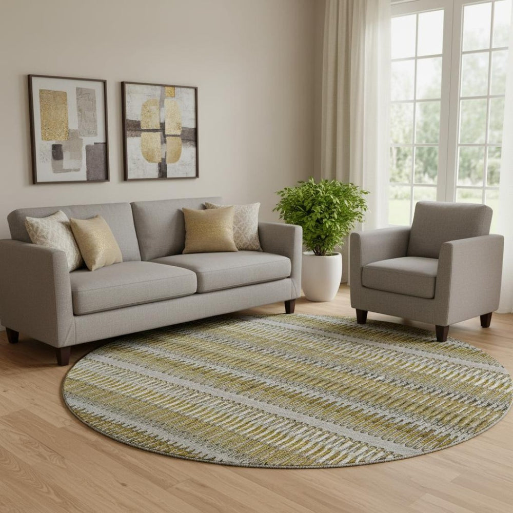 HomeRoots 8' Striped Washable Round Rug in Coffee, Ivory & Gray - UV Protected, Perfect for Homes & Patios 650467