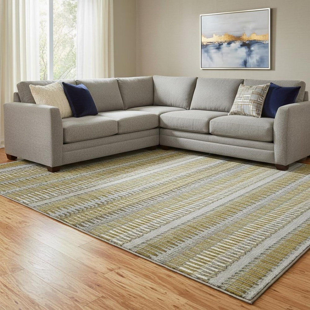 HomeRoots 9' X 12' Stylish Coffee Ivory and Gray Striped Washable Area Rug with UV Protection for Homes 650469