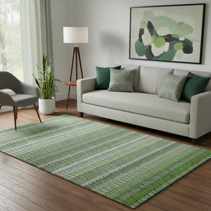 HomeRoots 5' X 8' Striped Area Rug in Green, Ivory, and Gray – Washable, UV-Protected, Pet-Friendly Design 650472