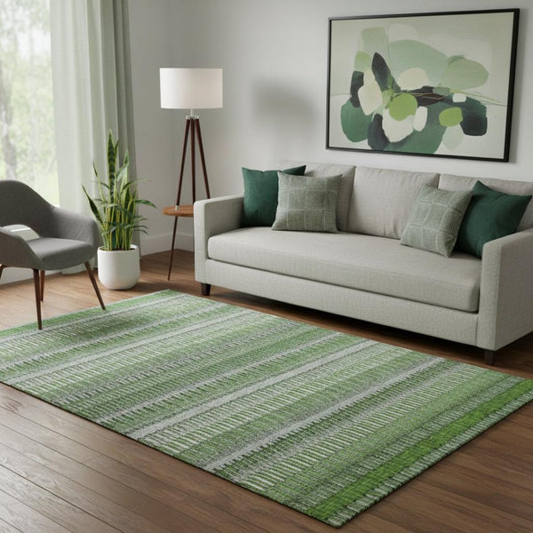 HomeRoots 5' X 8' Striped Area Rug in Green, Ivory, and Gray – Washable, UV-Protected, Pet-Friendly Design 650472