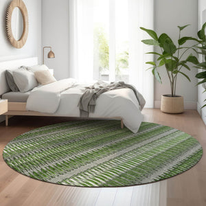HomeRoots 8' Green Ivory and Gray Striped Washable Round Rug – Durable, Stain Resistant with UV Protection! 650473