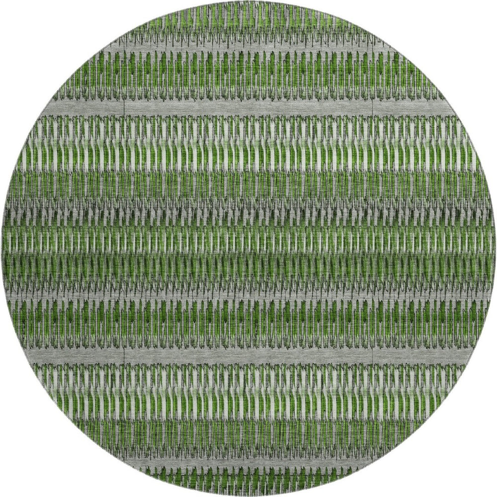 HomeRoots 8' Green Ivory and Gray Striped Washable Round Rug – Durable, Stain Resistant with UV Protection! 650473