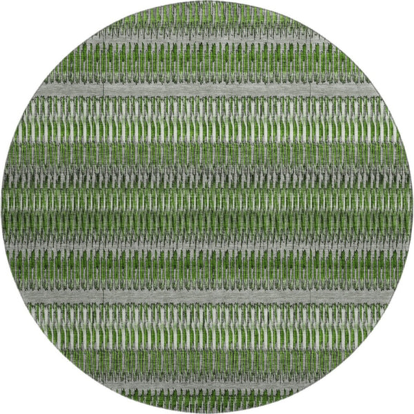 HomeRoots 8' Green Ivory and Gray Striped Washable Round Rug – Durable, Stain Resistant with UV Protection! 650473