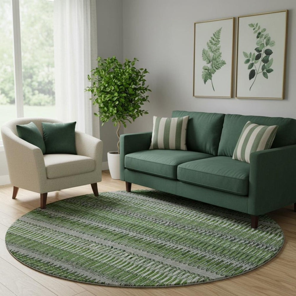 HomeRoots 8' Green Ivory and Gray Striped Washable Round Rug – Durable, Stain Resistant with UV Protection! 650473