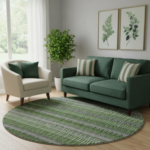 HomeRoots 8' Green Ivory and Gray Striped Washable Round Rug – Durable, Stain Resistant with UV Protection! 650473