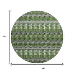 HomeRoots 8' Green Ivory and Gray Striped Washable Round Rug – Durable, Stain Resistant with UV Protection! 650473
