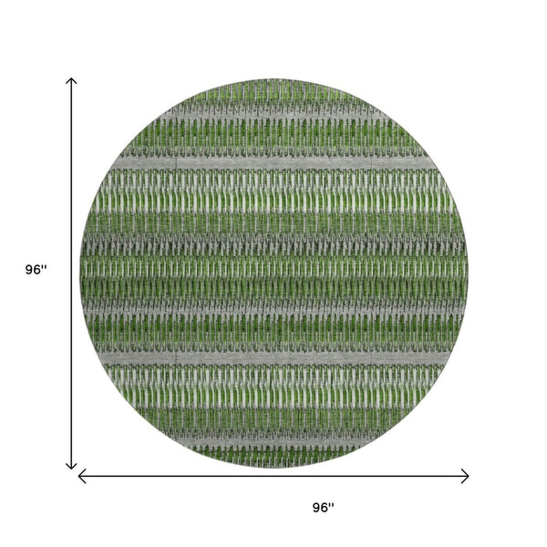 HomeRoots 8' Green Ivory and Gray Striped Washable Round Rug – Durable, Stain Resistant with UV Protection! 650473