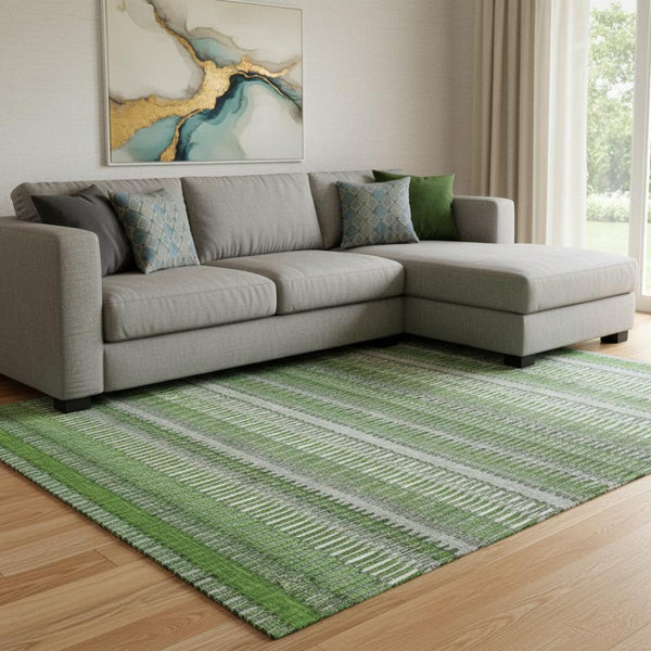 HomeRoots 8' X 10' Striped Area Rug in Green, Ivory & Gray – Washable, UV-Protected, Perfect for Busy Spaces! 650474