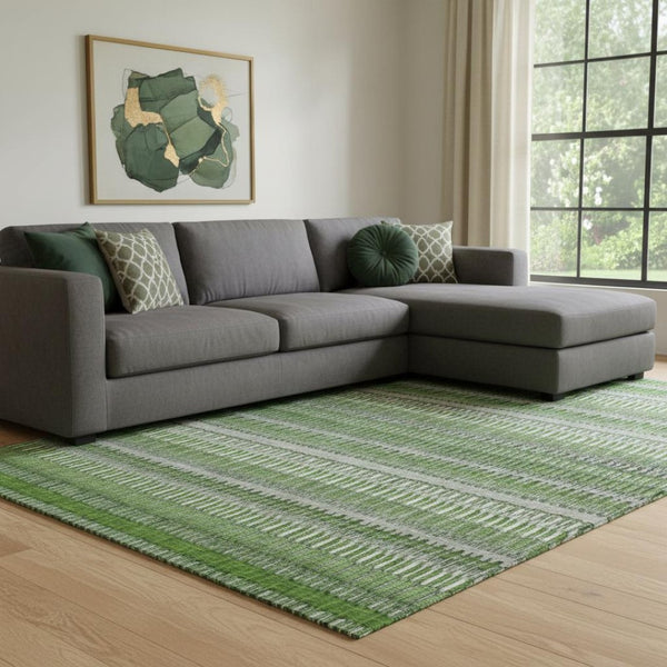 HomeRoots 9' Washable Striped Area Rug in Green, Ivory & Gray - UV Protected, Stain-Resistant for High-Traffic Areas 650475