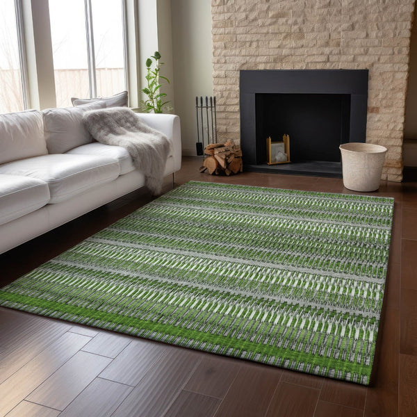 HomeRoots 9' Washable Striped Area Rug in Green, Ivory & Gray - UV Protected, Stain-Resistant for High-Traffic Areas 650475