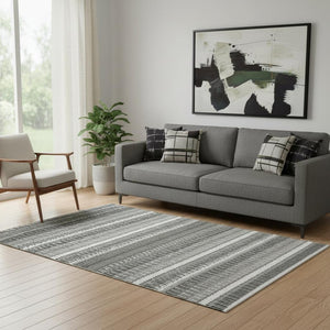 HomeRoots 5' X 8' Gray And Ivory Striped Washable Area Rug - Soft, Durable, UV Protected for High-Traffic Spaces 650478